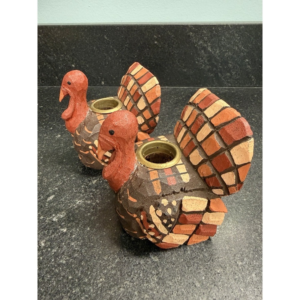 Pair Vtg Hand Carved & Painted Wooden Turkey Candle Holders Philippines Folk Art